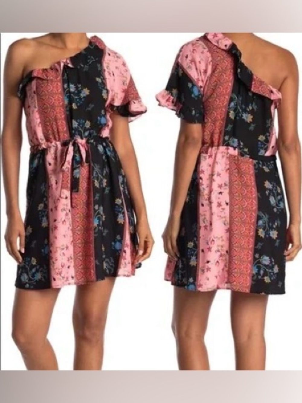 NWOT 19 Cooper One-Shoulder Patchwork Dress in Pink and Black
